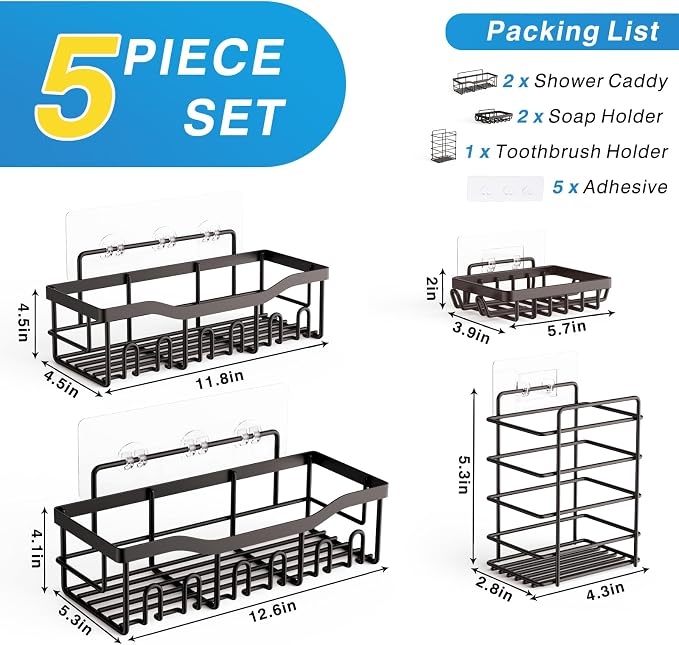 EUDELE 5-Pack Rustproof Stainless Steel Shower Caddy Set– No Drill Adhesive - Image 7