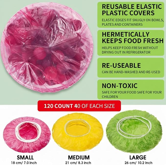 Boao 120 Pieces Reusable Elastic Food Bowl Storage Covers 3 Size Colorful Bowl - Image 2