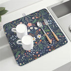 Floral Dish Drying Mat for Kitchen Counter Rustic Flower Leaves Print - Image 8