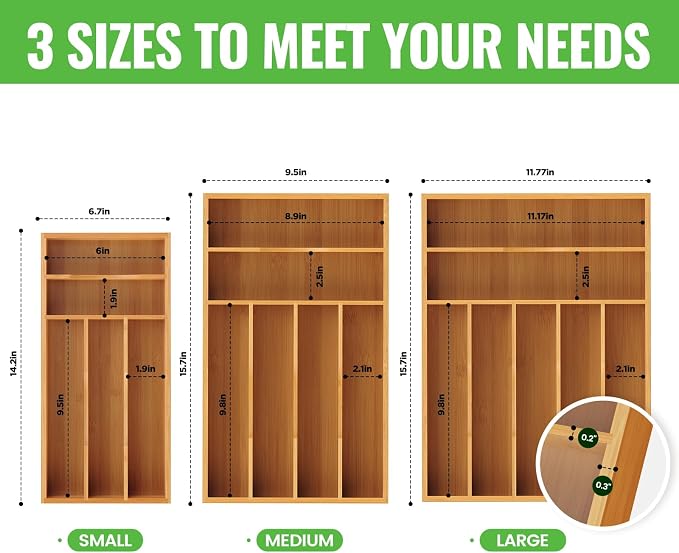 Bamboo Silverware Organizer, Bamboo Kitchen Drawer Cutlery Organizer, Utensil - Image 2