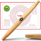 WALFOS French Rolling Pin and Silicone Baking Mat Set, Non-Stick Beech Wood by Walfos