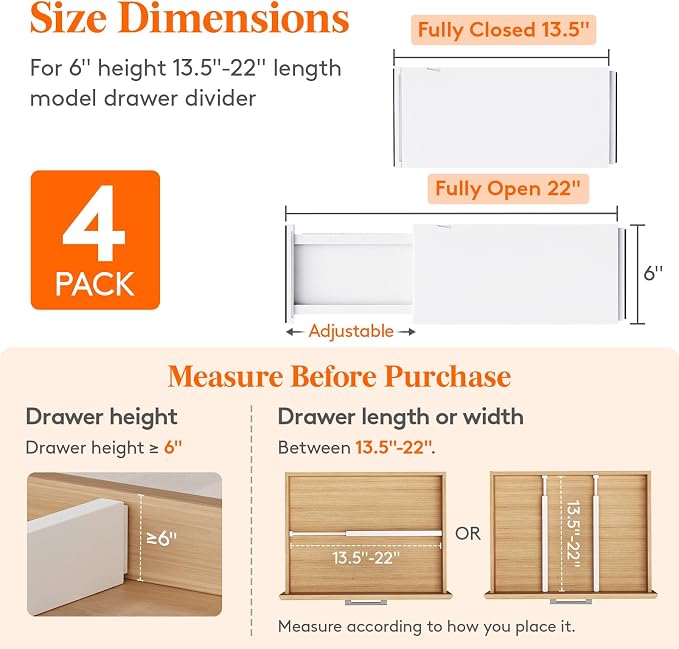 Lifewit 4 Pack 6" High Drawer Dividers 34-56cm/13.5-22" Adjustable Drawer - Image 2