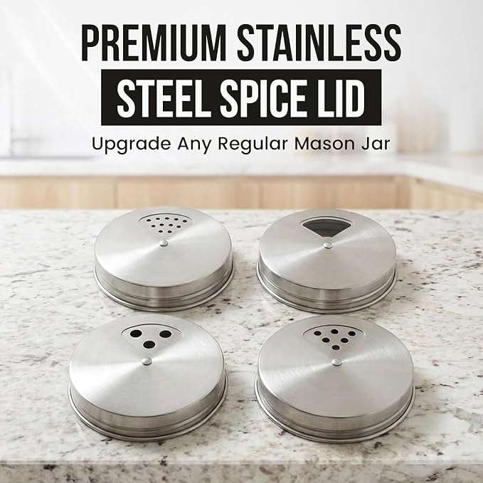 Mason Jar Spice Shaker Lids Stainless Steel – 6 Pack Adjustable Spice Lids - Image 2