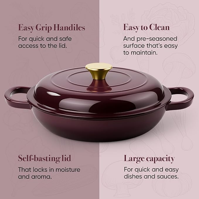 3 Quart Enameled Cast Iron Braiser, Non Stick Enameled Cast Iron Skillet - Image 7