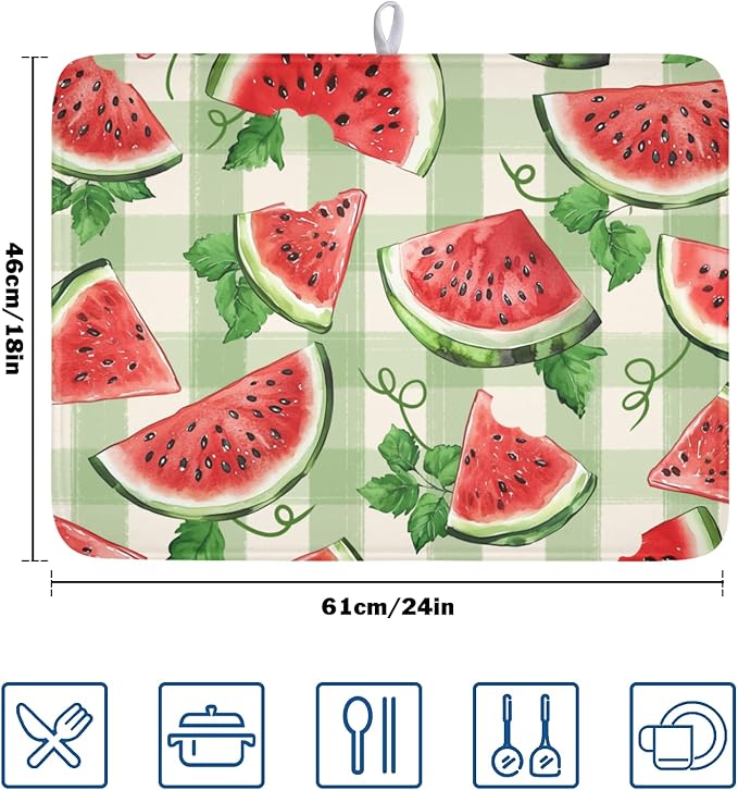 Summer Dish Drying Mat for Kitchen Counter Watercolor Watermelon Green Buffalo - Image 2