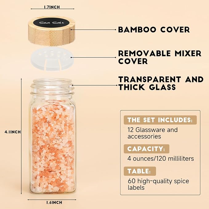 24Pcs Spice Jars with Label, 4oz Empty Square Seasoning Containers, Spice Jars - Image 2