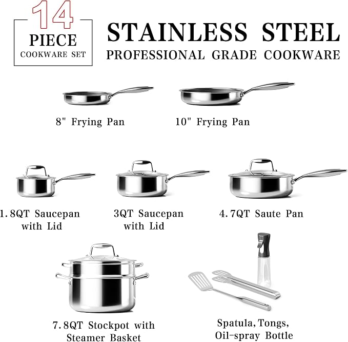 VONIKI Hybrid Tri-ply Stainless Steel Cookware Set, Pots And Pans Set Non Stick - Image 2
