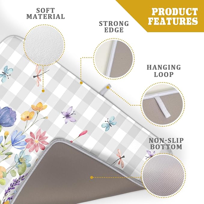 Giwawa Spring Floral Dish Drying Mat, Summer Flower Grey Buffalo Plaids Dish - Image 4
