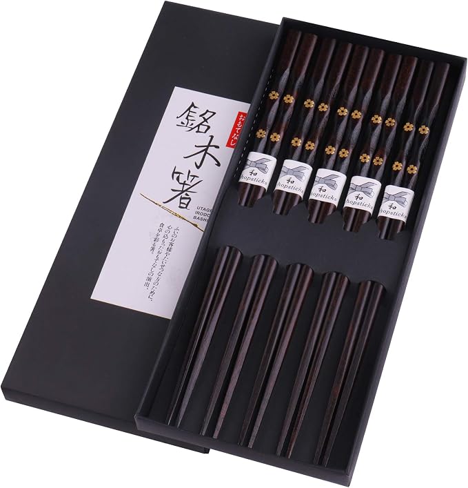 5 Pairs Chopsticks Wooden, Glamfields Reusable Chop sticks, Non-slip Japanese by GLAMFIELDS