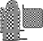 Black and White Optical Illusion Checkered Oven Mitt & Pot Holder Set by Unknown