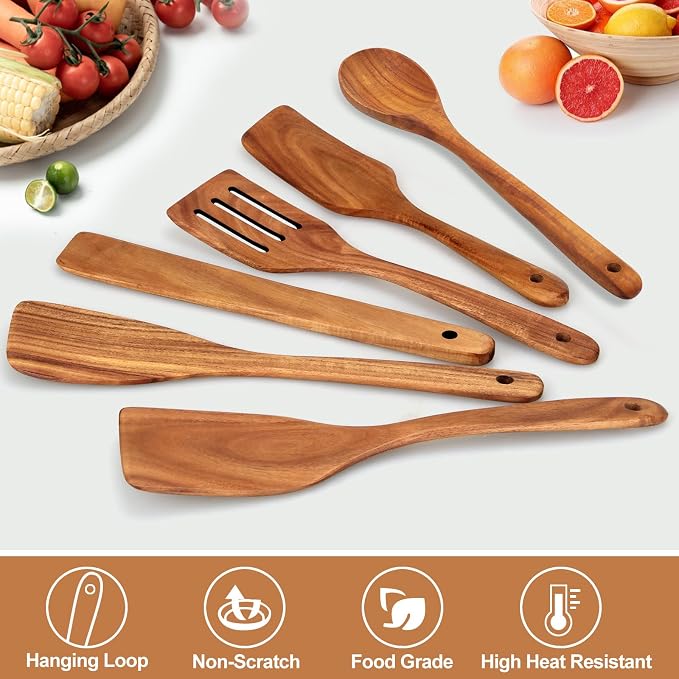6 Pack Teak Wooden Spoons for Cooking Utensil Set Best Wood Non Toxic Spatula - Image 2