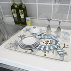 Winter Snowman Dish Drying Mat for Kitchen Counter 18x24 Blue Snowflake Bird - Image 6