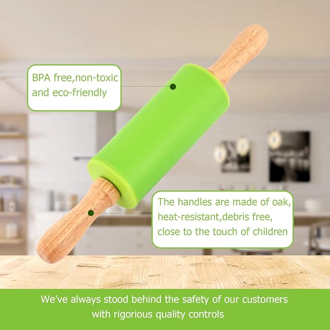 Mini Silicone Rolling Pin for Kids, Non-stick Surface Wood Handle, 9 Inch 1 - Image 2