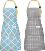 2 Pieces Aprons for Women with Pockets, Cotton Linen Waterproof Kitchen Cooking by Riqiaqia