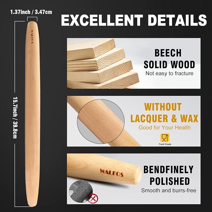 WALFOS French Rolling Pin for Baking, Tapered Design Natural Beech Wood Rolling - Image 3