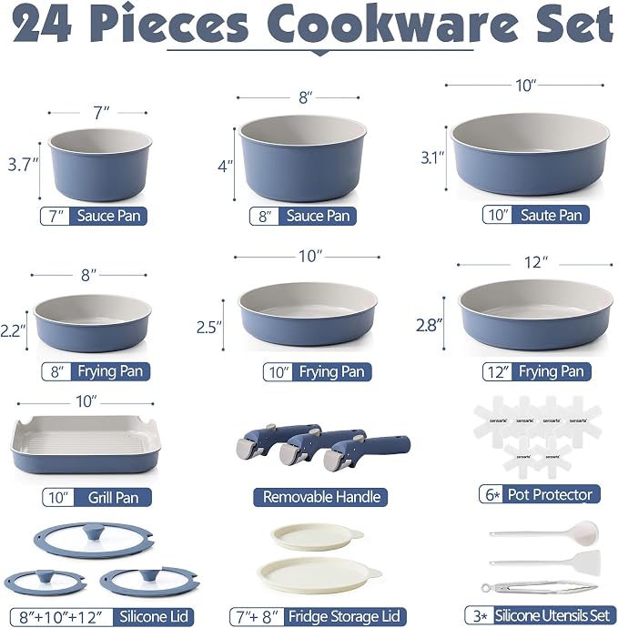 SENSARTE 24 Piece Ceramic Pots and Pans Set, Nonstick Detachable Handle Cookware - Image 2