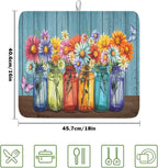 Vintage Floral Dish Drying Mat for Kitchen Counter Rustic Flower Vases Wooden - Image 2