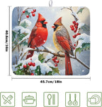 Winter Cardinal Birds Dish Drying Mat, Holly Berry Branches Dish Drying Mat - Image 2