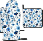 Blue Floral Oven Mitts and Pot Holders Sets of 3, Heat Resistant Cute by Unknown