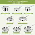 Triple Ply Stainless Steel Pots and Pans Set, EWFEN 12 Piece Induction Cookware - Image 2