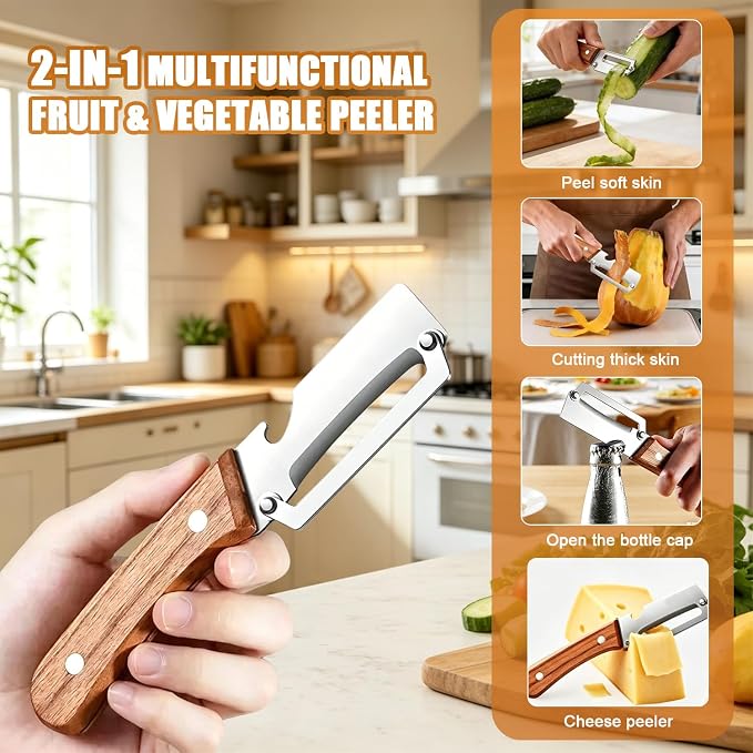 Premium Vegetable Peeler with Wooden Handle and Bottle Opener, 2-in-1 - Image 4