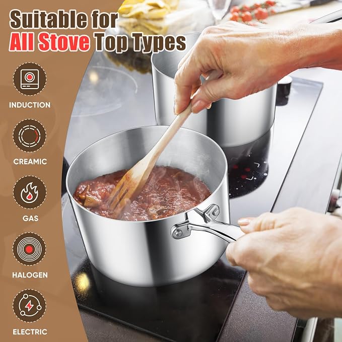 E-far Triply Stainless Steel Saucepan Set, 1Qt & 3 Qt Sauce Pan Pot - Image 4