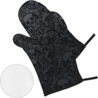 Victorian Gothic Black Skull Damask Oven Mitts and Pot Holders Sets of 4 - Image 2