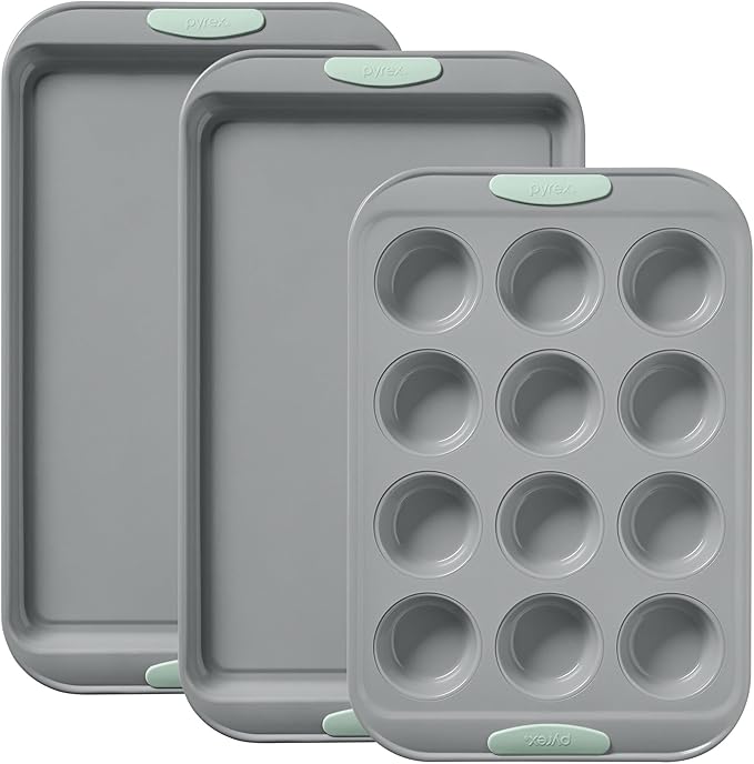 Pyrex 3-Piece Metal Cookie & Muffin Sheet Bakeware Set, Lightweight Stainless by Pyrex