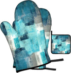 LOKMU Oven Mitts and Pot Holders Set of 3, Teal and Grey White Abstract Art - Image 2