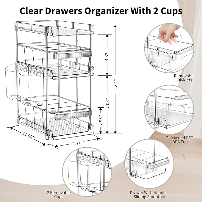 Clear Bathroom Organizers 2 Sets 3 Tier, Pull Out Organizer and Storage - Image 5