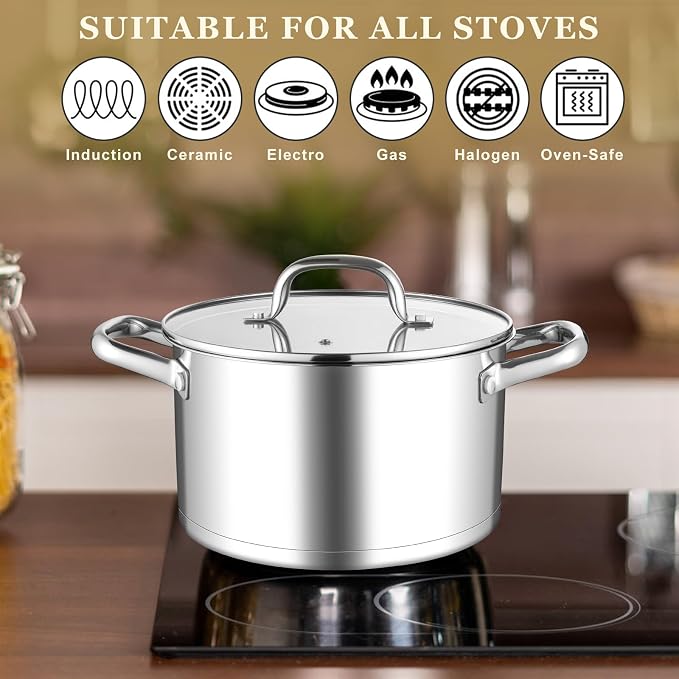 Leonyo 6QT Stock Pot with Lid, Stainless Steel Soup Pasta Pot - Image 4