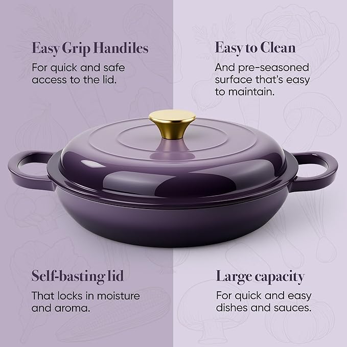 3 Quart Enameled Cast Iron Braiser, Non Stick Enameled Cast Iron Skillet - Image 7