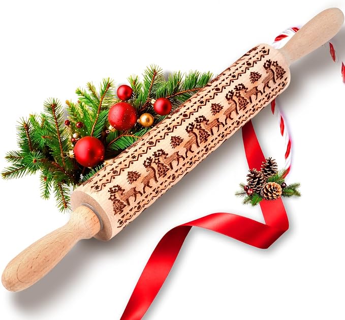 Stocking Stuffers Gifts for Women, Wooden Embossed Rolling Pin for Baking by TIETOC