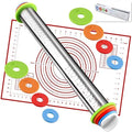 Rolling Pin with Adjustable Thickness Rings and Silicone Baking Pastry Mat Set by Unknown