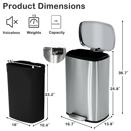 50 Liter / 13 Gallon Kitchen Trash Can, Stainless Steel - Image 6