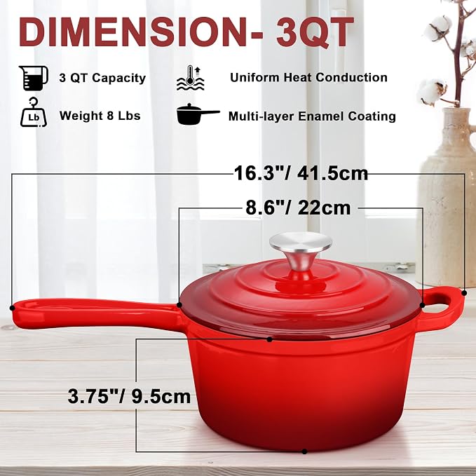 3 Quart Saucepan with Lid, Leonyo Enameled Cast Iron Sauce Pot, Large Enamel - Image 2