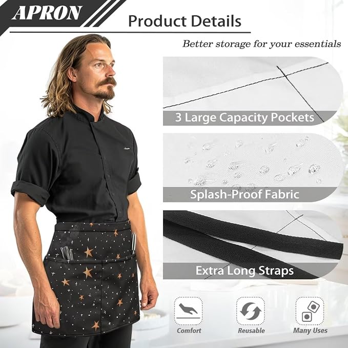 Server Apron with 3 Pockets, Waterproof Oil Waitress Waiter Half Apron - Image 7