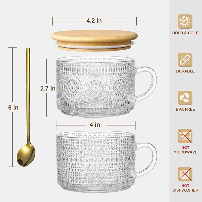 LANDNEOO 6 Pack 14oz Vintage Glass Coffee Mugs - Image 7