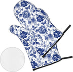 Blue and White Porcelain Floral Butterfly Oven Mitts and Pot Holders Set of 4 - Image 2
