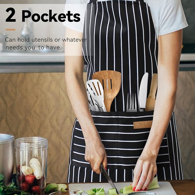 NLUS 2 Pcs Kitchen Cooking Aprons, Poly/Cotton Blend Adjustable Soft Bib Stripe - Image 2