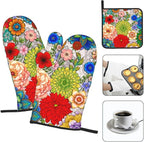 Boho Floral Oven Mitts and Pot Holders Set of 3, Cute Colorful Flowers Heat - Image 3