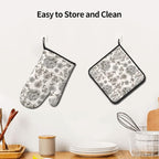 Vintage Flowers Oven Mitts and Pot Holders Sets Boho Kitchen Gloves White Grey - Image 6