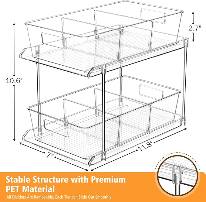 Fabspace 3-Pack Pull-Out Home Organizers, 2 Tier Clear Bathroom Organizer - Image 2