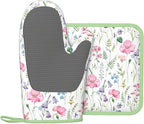 Pink Floral Silicone Oven Mitts Pan Mats Set of 2, Heat Resistant Gloves - Image 2