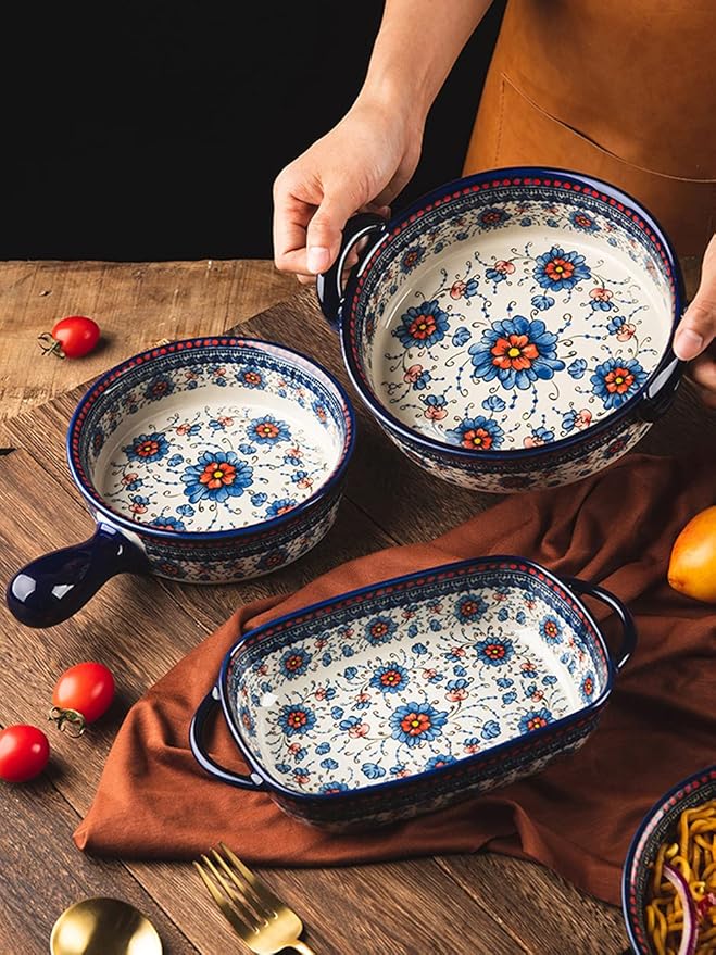 Blue and Orange Flower Vintage Style Ceramic Bakeware Casserole Lasagna Pans - Image 5