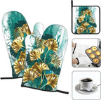 Teal Gold Green Leaves Oven Mitts and Pot Holders Set Heat Resistant Non Slip - Image 3