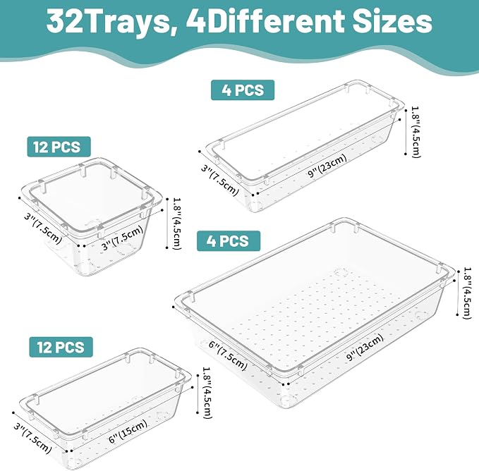 WOWBOX 32 PCS Clear Plastic Drawer Organizer Set, 4 Sizes Desk Drawer - Image 2