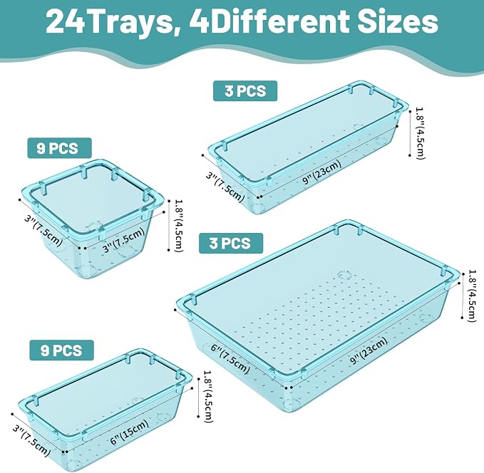 WOWBOX 24 PCS Plastic Drawer Organizer Set, 4 Sizes Desk Drawer Organization - Image 3
