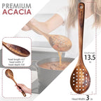 HOWHONG Slotted Spoon Wooden Cooking Utensil, Long Handle Acacia Wood Spoon - Image 2