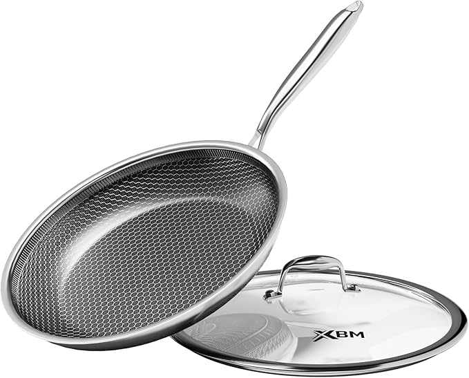 Nonstick Frying Pan with Lid 12-Inch, Durable Stainless Steel Skillet, by XBM